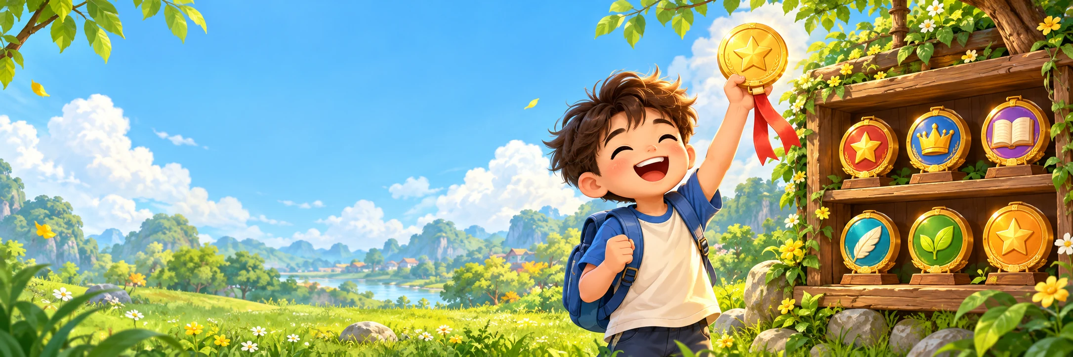 Bạn nhỏ vui mừng giơ cao huy hiệu ngôi sao bên tủ trưng bày thành tích